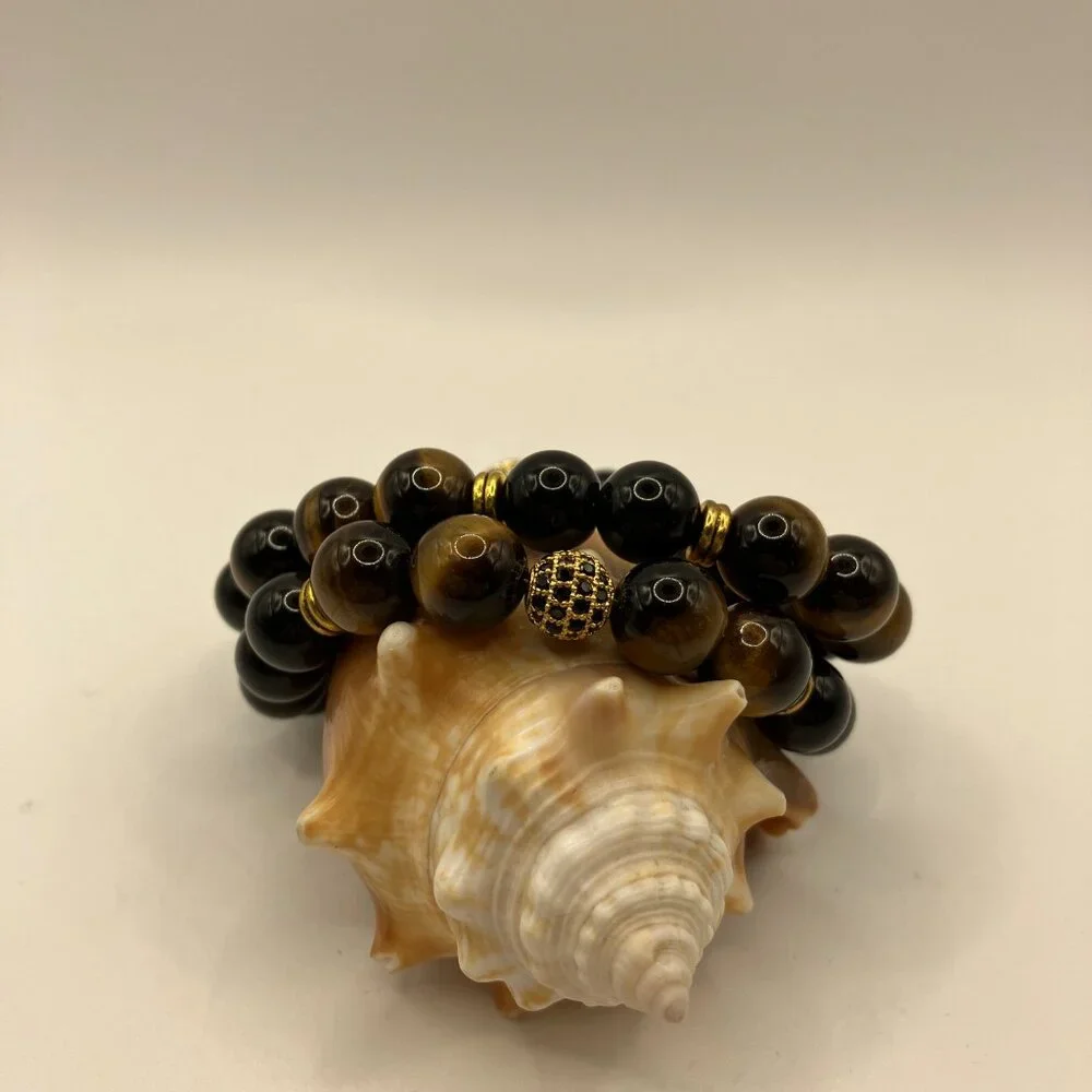 Tiger Eye Cubic Zirconia + Black Agate Gemstone 2-strand Bracelet Brand New